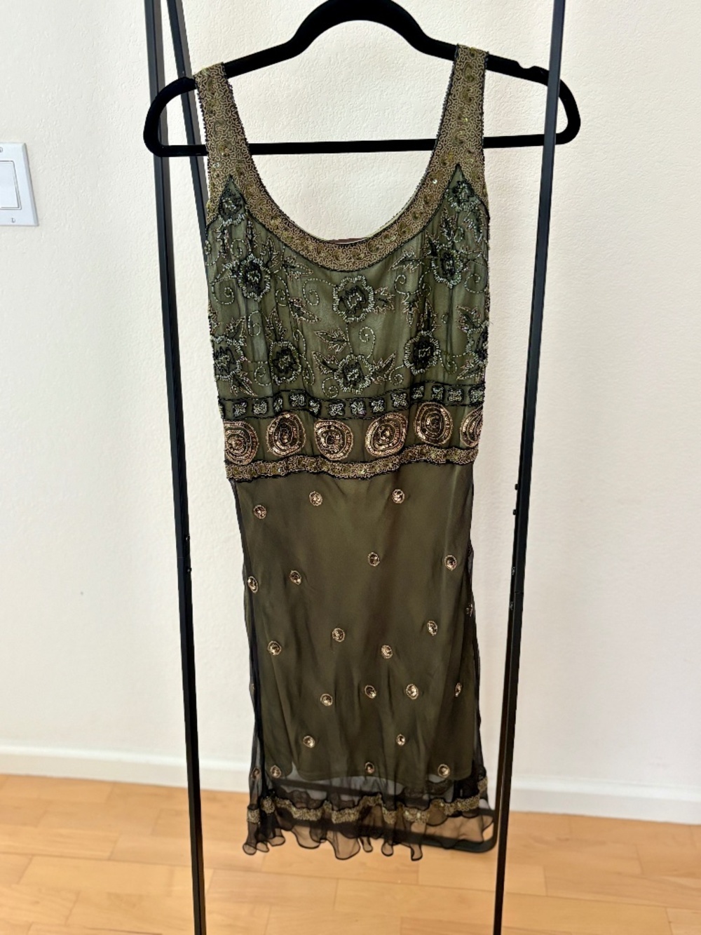 Vintage 100% Silk Beaded Y2K Art Deco Midi Dress Size 6 Marina